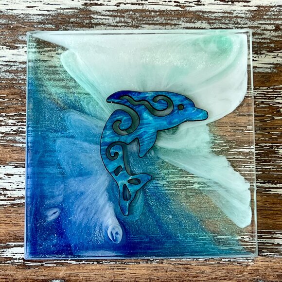 Ocean Animals Ocean Waves Resin Drink Coasters Set of 4 Beach House Dolphin - Picture 3 of 8